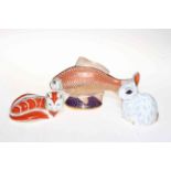 Three Royal Crown Derby paperweights, Fox, Snowy Rabbit and Fish.