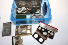 Box of worldwide coinage including Roman coins, trade token, Royal Mint presentation boxes, etc.