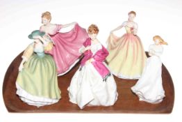 Four Royal Doulton and one Royal Worcester lady figures.