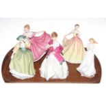 Four Royal Doulton and one Royal Worcester lady figures.