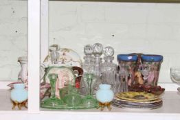 Green glass vanity set, Beswick character jug, Torquay ware, decanters, plates.