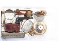 Small box of jewellery, 1837 silver Queen Victoria brooch, watch, collectables and silver vesta.