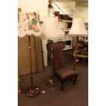 Victorian mahogany Prie Dieu chair and three standard lamps and shades.