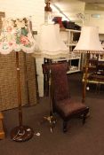 Victorian mahogany Prie Dieu chair and three standard lamps and shades.