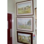 Three framed golfing prints.