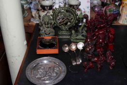 Collection of red resin Oriental figurines, export vases, Thai metal buddha statues,