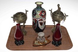 Cloisonne vase, brass koro, inkstand and pair vases.