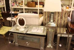 Contemporary mirrored entertainment unit, matching pedestal, lamp, clock and wall mirror,