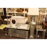 Contemporary mirrored entertainment unit, matching pedestal, lamp, clock and wall mirror,