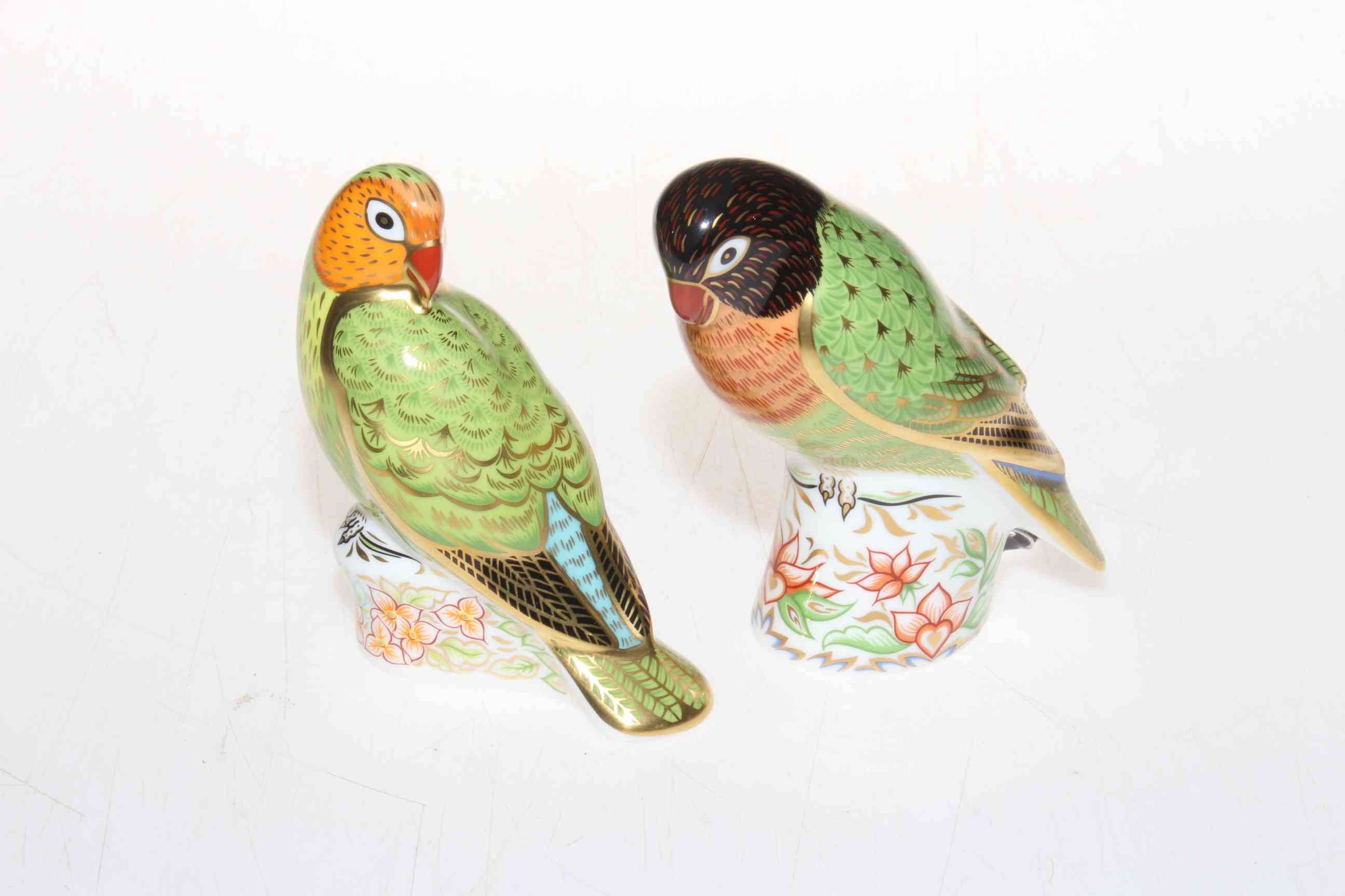 Pair of Royal Crown Derby Love Birds, boxed with certificates.