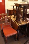 Oak barley twist gate leg dining table, pair Victorian side chairs,