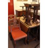Oak barley twist gate leg dining table, pair Victorian side chairs,