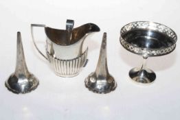 Silver cream jug, bon bon dish, two spills and sugar tongs.