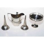 Silver cream jug, bon bon dish, two spills and sugar tongs.