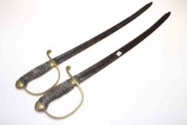 Pair of 19th Century Constabulary Prison Hangers with brass stirrup hilts and sharkskin grips.