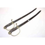 Pair of 19th Century Constabulary Prison Hangers with brass stirrup hilts and sharkskin grips.