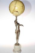 Art Deco style figural lamp modelled as lady with up-stretched arm supporting globe shade,