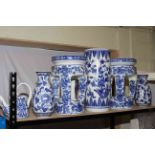 Six pieces blue and white pottery including planters, vase, etc.