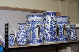 Six pieces blue and white pottery including planters, vase, etc.