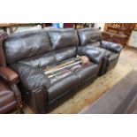 Chocolate brown leather two seater reclining settee and electric reclining chair.