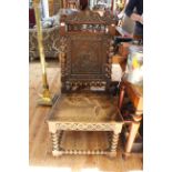 Victorian carved oak and bobbin column hall chair.