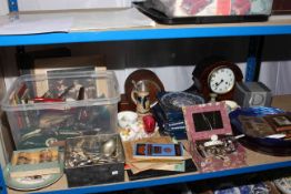 Tinplate toy cars, maps, cutlery, mantel clock, Ringtons, costume jewellery, Dartington Crystal,