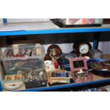 Tinplate toy cars, maps, cutlery, mantel clock, Ringtons, costume jewellery, Dartington Crystal,
