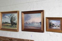 Robin Furness, Willow Tree, HMS Warrior and Richmond Bridge, three oils on board, framed.