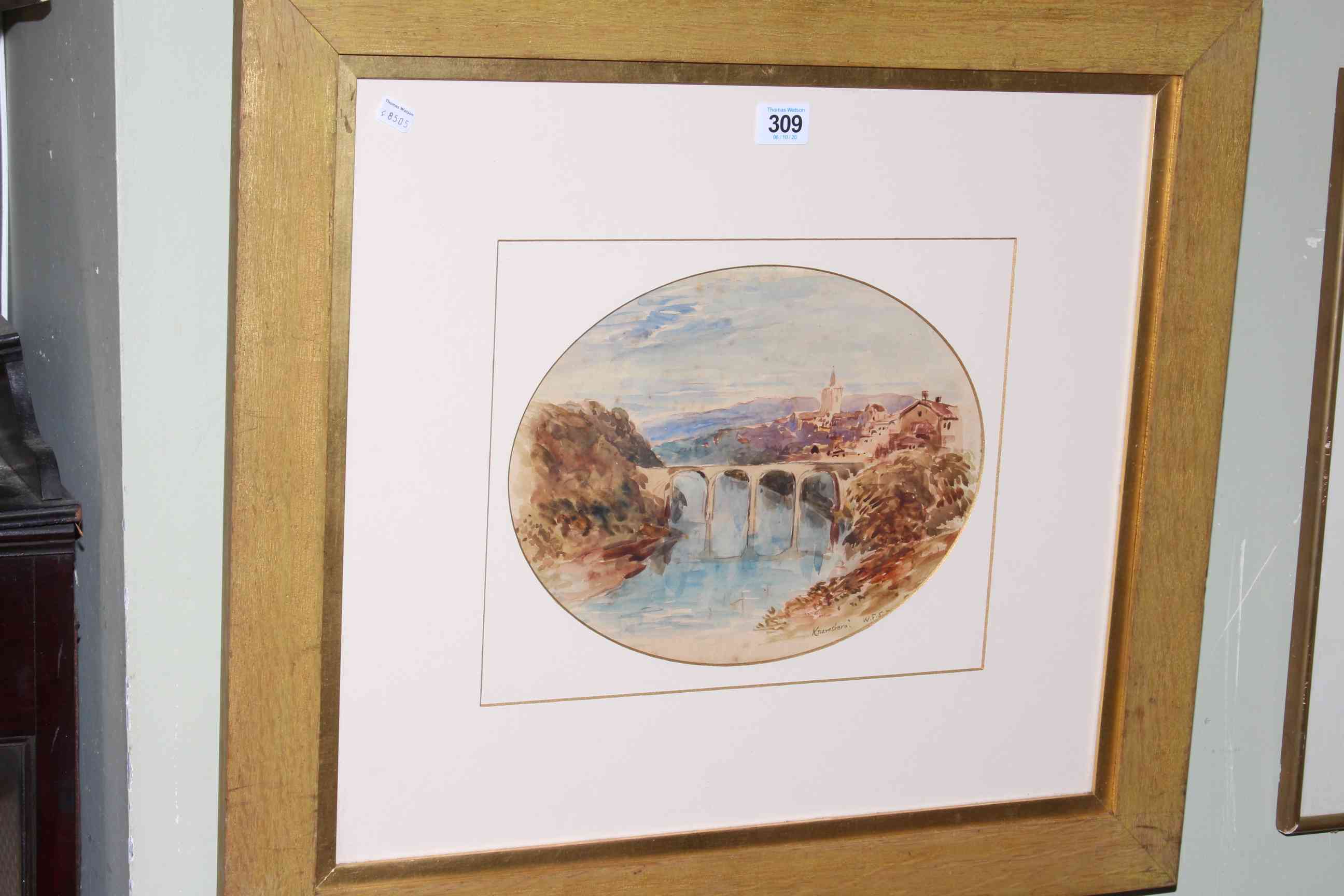 W.F. Shaw, Knaresboro, oval watercolour, signed and titled lower right, in glazed gilt frame.