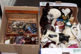 Two boxes of costume jewellery, ceramics and glass.