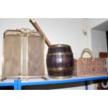 Brass collared oak barrel, wicker basket, walking cane and a brass fire guard.