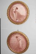 Pair circular Edwardian prints of Young Ladies, in glazed gilt frames, 50cm diameter.