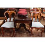 Victorian mahogany Pembroke table having frieze drawer and on triform pedestal together with four