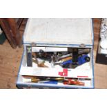 Box of tools including planes, saw, t-square, etc.