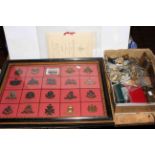 Collection of military badges, staybrite, belt, trinket box etc including large letter,