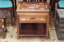 Oriental hardwood and mother of pearl single drawer lamp table, 56cm by 56cm.