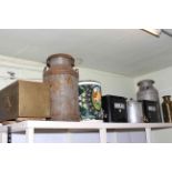 Two vintage milk churns, two enamel bread bins, two urns, brass log box, etc.
