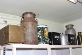 Two vintage milk churns, two enamel bread bins, two urns, brass log box, etc.