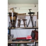 Two shooting sticks, two snooker cues, briefcases, child's chair,