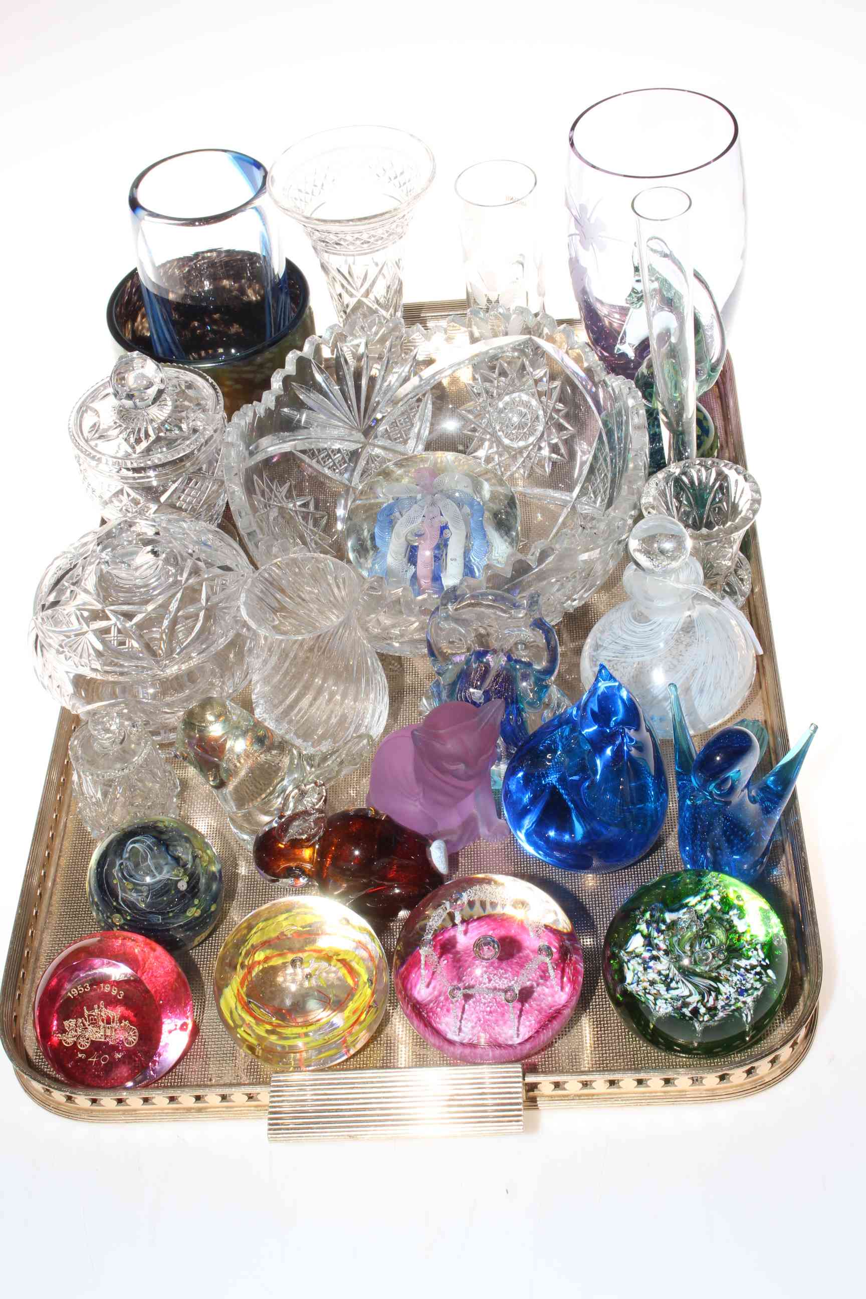 Collection of glassware including paperweights, scent bottle, vases, bowls, etc.