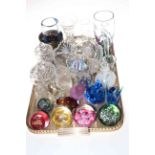 Collection of glassware including paperweights, scent bottle, vases, bowls, etc.