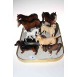 Three Beswick horses, foal, donkey and three dogs.