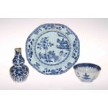 Chinese blue and white plate, double gourd vase and tea bowl (3).