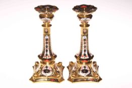 Pair Royal Crown Derby Imari candlesticks, 26cm.