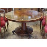 Victorian circular mahogany loo table on octagonal tapering pedestal to three paw feet,