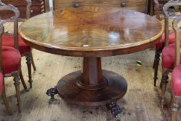 Victorian circular mahogany loo table on octagonal tapering pedestal to three paw feet,