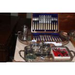 Cased set of fish knives and forks, plated gallery trays, etc.