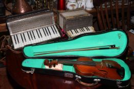 Violin with bow in case, Soberano accordion and Donzelli Italian piano accordion (3).