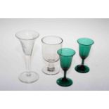 Pair 19th Century green wine glasses, antique rummer, and Nelson engraved glass (4).