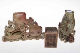 Chinese hardstone seal and two soapstone carvings (3).